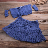 Mini Dress - Crochet Two Piece Set Summer Beach Dress | Hand Knitted Hollow Out Crop Top & Mini Skirt