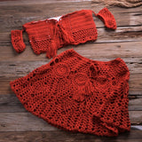 Mini Dress - Crochet Two Piece Set Summer Beach Dress | Hand Knitted Hollow Out Crop Top & Mini Skirt