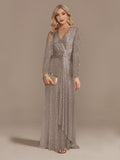 Evening Dress - Luxury Long Sleeve V-Neck Evening Dress | Party Women Wedding Sequins