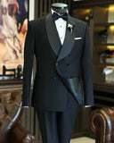 Men Tuxedo Suits - Italian Cut Slim Fit Shawl Double-Breasted Men's Groom Suit - Jacket + Trousers Suit Set - Black
