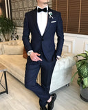 Men Tuxedo Suit - Italian Cut Slim Fit Jacket + Vest + Trousers Groom Suit Set - Navy Blue