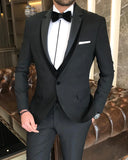 Men Suits - Italian Cut Slim Fit Shawl Collar | Jacket + Vest + Trousers Groom Suit Set - Black