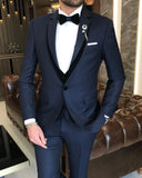 Men Suits - Italian Cut Slim Fit Shawl Collar | Jacket + Vest + Trousers Groom Suit Set - Navy Blue