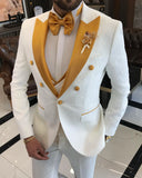 Men Tuxedo Suit - Italian Cut Slim Fit Swallow Collar: Jacket + Vest + Trousers Suit Set - White