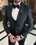 Men Tuxedo Suit - Italian Cut Slim Fit Swal Collar: Jacket + Vest + Trousers Groom Suit Set - Black