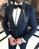 Men Suits - Italian Cut Slim Fit Shawl Collar Jacket + Trousers Groom Suit Set - Navy Blue