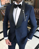 Men Suits - Italian Cut Slim Fit Shawl Collar Jacket + Trousers Groom Suit Set - Navy Blue