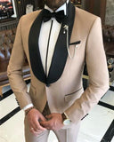 Men Suit - Italian Cut Slim Fit Shawl Collar Jacket + Trousers Groom Suit Set - Camel