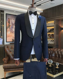 Men Suits - Italian Cut Slim Fit Shawl Collar Jacket + Trousers Groom Suit Set - Navy Blue