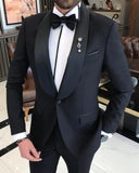 Men Suit - Italian Cut Slim Fit Shawl Collar Jacket + Trousers Groom Suit Set - Black