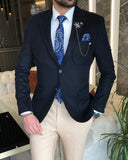Men Blazer Jacket - Italian Style Mono Collar Wool Jacket - Navy Blue
