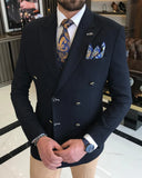 Men Blazer Jackets - Italian Style Men Slim Fit Dovetail Collar Cotton Blended Double-Breasted Men's Jacket - Navy Blue