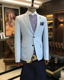 Men Blazer Jackets - Italian Style Men Slim Fit Mono Collars Cotton Blended Men's Jacket - Blue