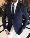 Men Blazer Jackets - Italian Style Men Slim Fit Mono Collar Wool Blended Jacket - Navy Blue
