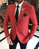 Men Blazer Jackets - Italian Style Men Slim Fit Mono Collars Cotton Blended Men's Jacket - Red