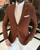 Men Blazer Jackets - Italian Style Men Slim Fit Mono Collars Cotton Blended Men's Jacket - Brown