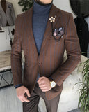 Men Blazer Jacket - Italian Style Mono Collar Wool Mixed Striped Single Jacket - Brown