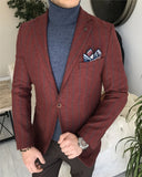 Men Blazer Jacket - Italian Style Mono Collar Wool Striped Single Jackets - Bordeaux