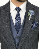 Men Blazer Jacket - Italian Style Mono Collar Wool Bag Pocket Jacket - Navy Blue