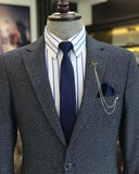 Men Blazer Jacket - Italian Style Mono Collar Wool Bag Pocket Jacket - Navy Blue