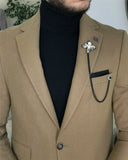 Men Blazer Jacket - Italian Style Mono Collar Wool Bag Pocket Jacket - Camel