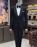 Men Tuxedo Suit - Italian Cut Slim Fit Shawl Collar Jacket + Vest + Trousers Groom Suit Set - Black