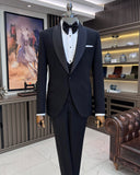 Men Tuxedo Suit - Italian Cut Slim Fit Shawl Collar Jacket + Vest + Trousers Groom Suit Set - Black