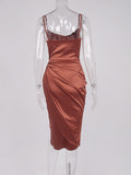 Mini Dress - Midi Satin Women Dress, Split Adjustable Strap Ruched Cowl Neck