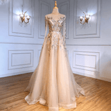 Dress - Gold Muslim Luxury Evening Dress, A-Line Beaded Sparkle Gown