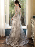 Silver Gray Lace, Evening Dresses in Long Sleeves, Elegant O-neck, A-line, Floor-length Backless Celebrity Gowns