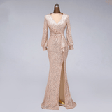 Women Evening Dress - Sexy Waist Style, Long Sleeve Sequin Evening Dress Prom Gowns