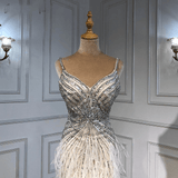 Cocktail Dress - Beige Sexy Spaghetti Strap Split Feathers Beaded Formal Dress