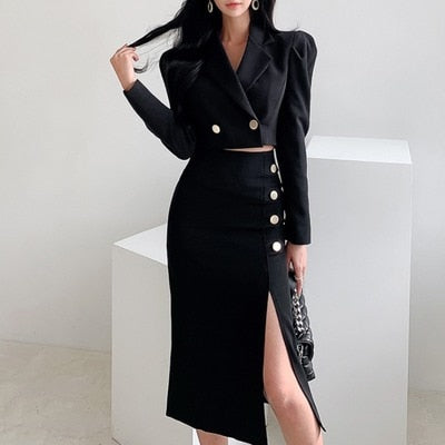 Fashion spring black set - women professional temperament short suit and  split midi pencil skirt - Black / S