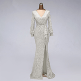 Women Evening Dress - Sexy Waist Style, Long Sleeve Sequin Evening Dress Prom Gowns
