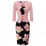 Women Elegant, One-Piece Formal Business Floral Printed Dress - Vintage Lady Work Office Bodycon Pencil Dress