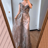 Dress - Dubai Grey Mermaid Sleeveless V-Neck Crystal Evening Dress