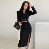 Fashion spring black set  - women professional temperament short suit and split midi pencil skirt