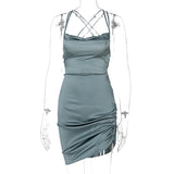 Mini Dress - Varucci Satin Women Strap Mini Dress, Ruched Lace Up Cross Bandage Backless Dress