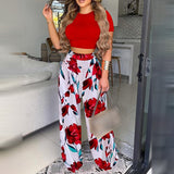Fashion Two Piece Set Casual Wear Suits Set, Two Piece Outfit Print Sleeveless Crop Top & High Waist Pants Set