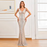 Evening Maxi Dress - Women Beading Long Deep V Neck Silver Sequin Prom/Evening Dress