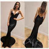 Backless Satin Evening Dress, Gown Strappy Deep, V-Neck Floor Length, Prom Padded Stretch Party Dresses