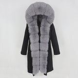 2021 New Waterproof Real Fur Coat, X-long Winter Jacket - Women Natural Fox Fur Collar, Thick Warm Outerwear Detachable