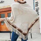 Poncho - Winter Oversize Poncho, Women Fashion Boho Fringe with Fur Collar