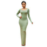 Sexy Women Solid Color,  Long Sleeve Round Neck Bodycon Maxi Dress for Evening Party Dress