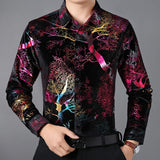 New Luxury, Gold Velvet Men's Shirts Casual Print - Male Long Sleeve Shirt, Shiny Tuxedo Shirts