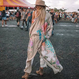 Ladies Kimono Sleeve Robe Kaftan Khaki Floral Print, Boho Cardigan Sexy Side Slits, Gypsy beach Blouse