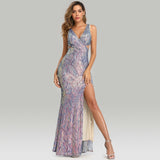 Evening Dress - Slit Sequins Evening Dress, V-neck Long Party Dress