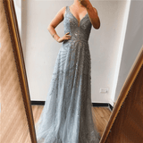 Dress - Dubai Gold A-Line Luxury Evening Dress, V-Neck Pearls Crystal Sleeveless Gown