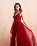 Prom Dress - Long V-Neck High Split Tulle Sweep Sleeveless Evening Dress