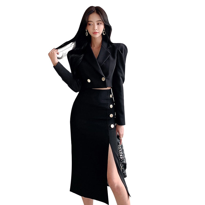 Fashion spring black set - women professional temperament short suit and  split midi pencil skirt - Black / S